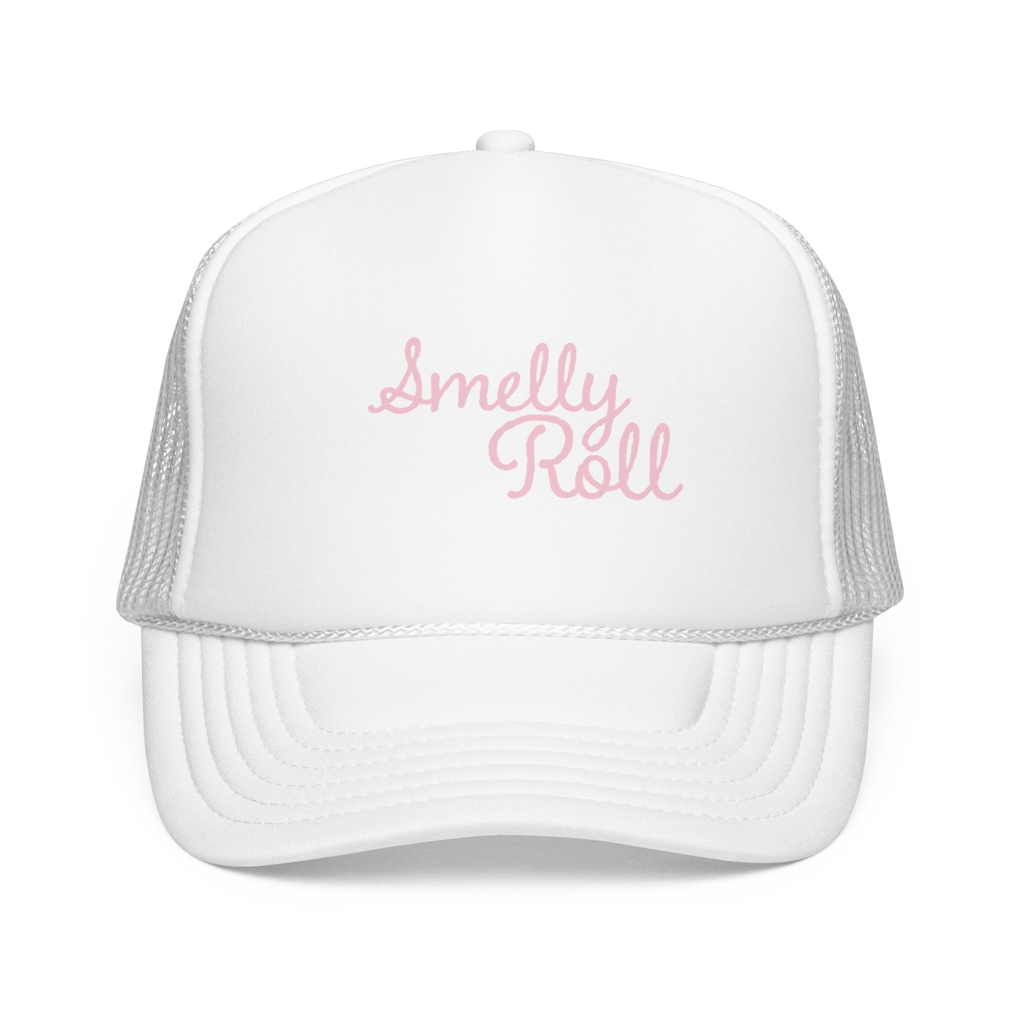 Smelly Roll Pink Trucker Hat — Cute Retro Script Foam Cap