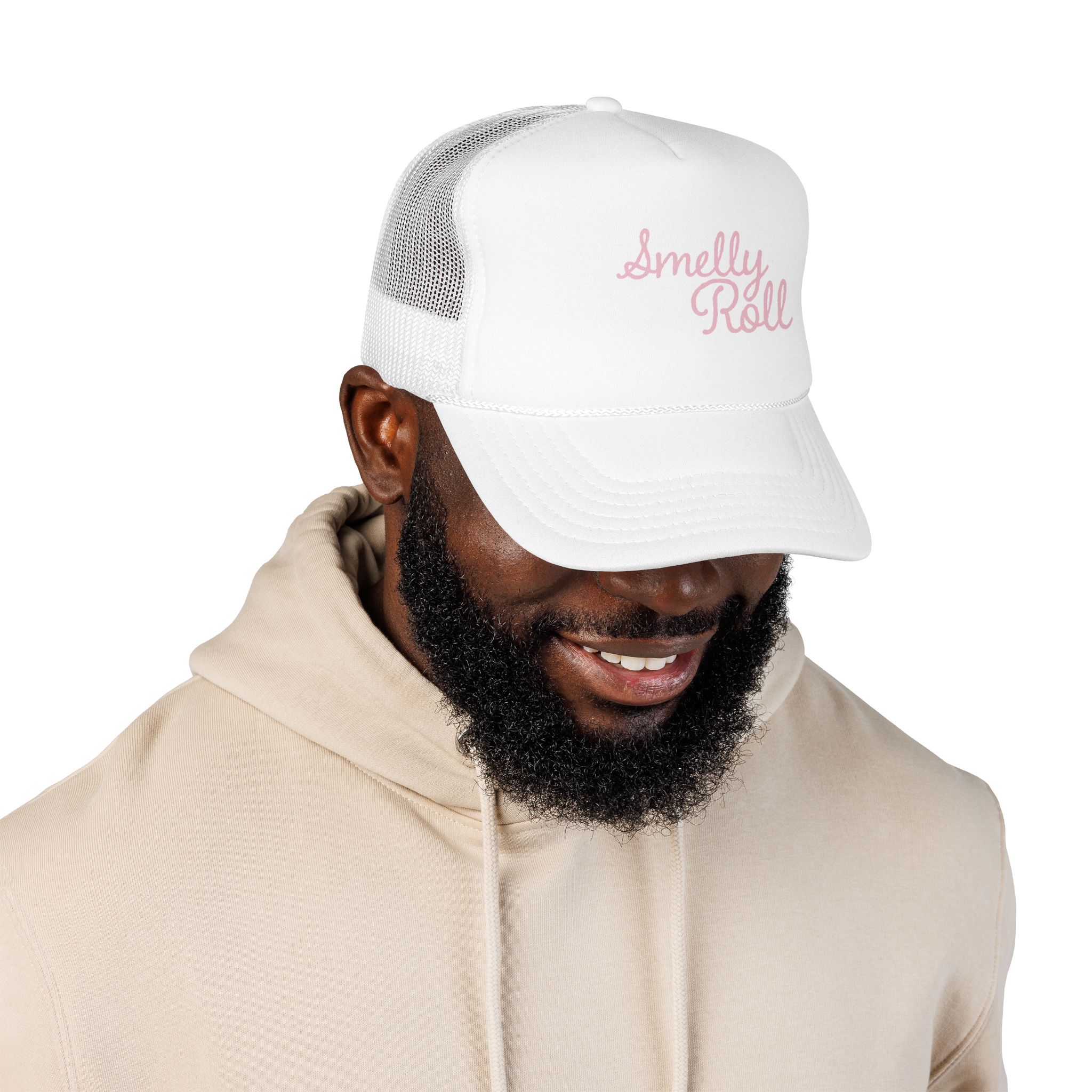 Smelly Roll Pink Trucker Hat — Cute Retro Script Foam Cap - Image 3