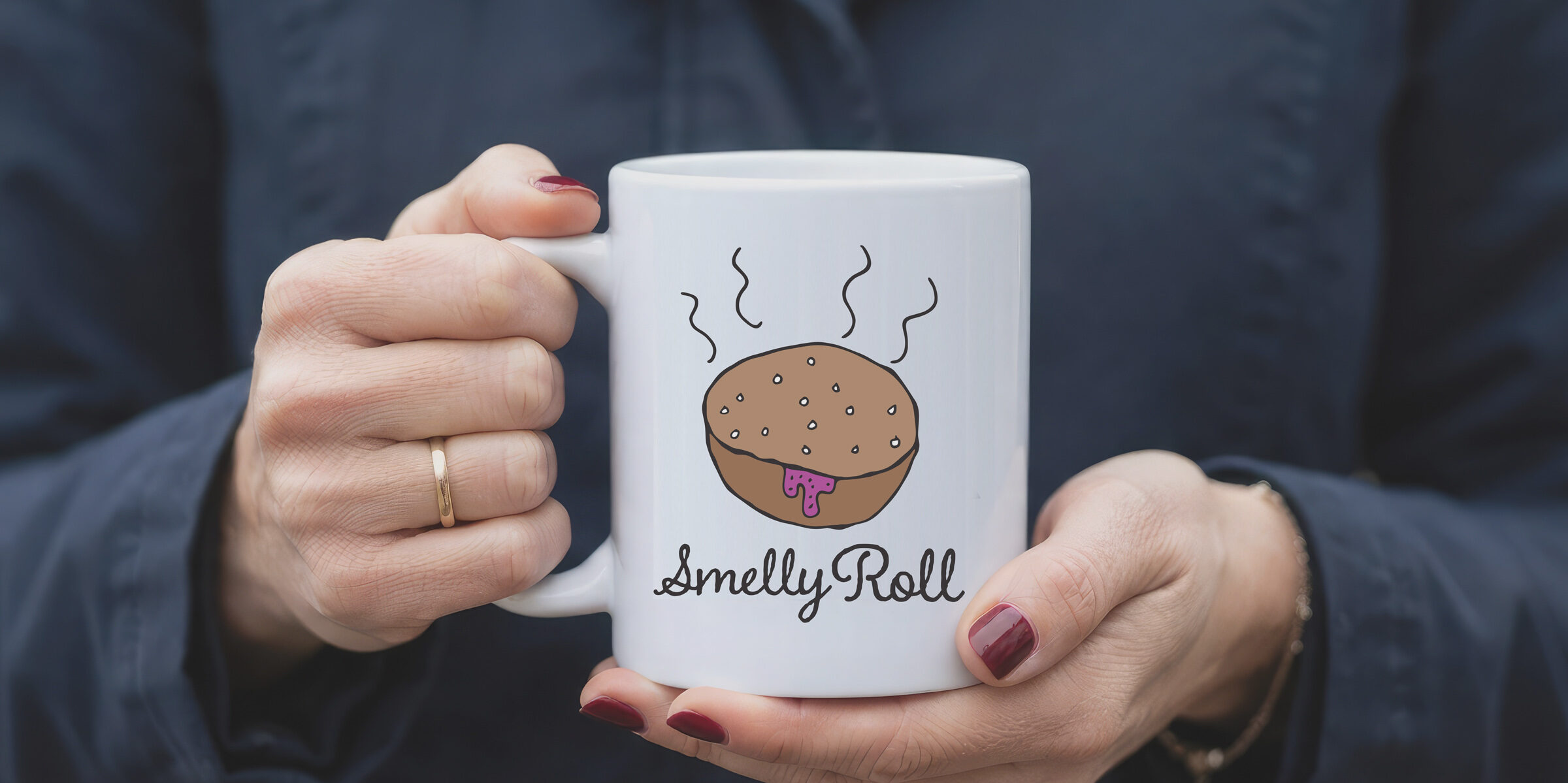 White Smelly Roll parody coffee mug with illustrated smelly roll design