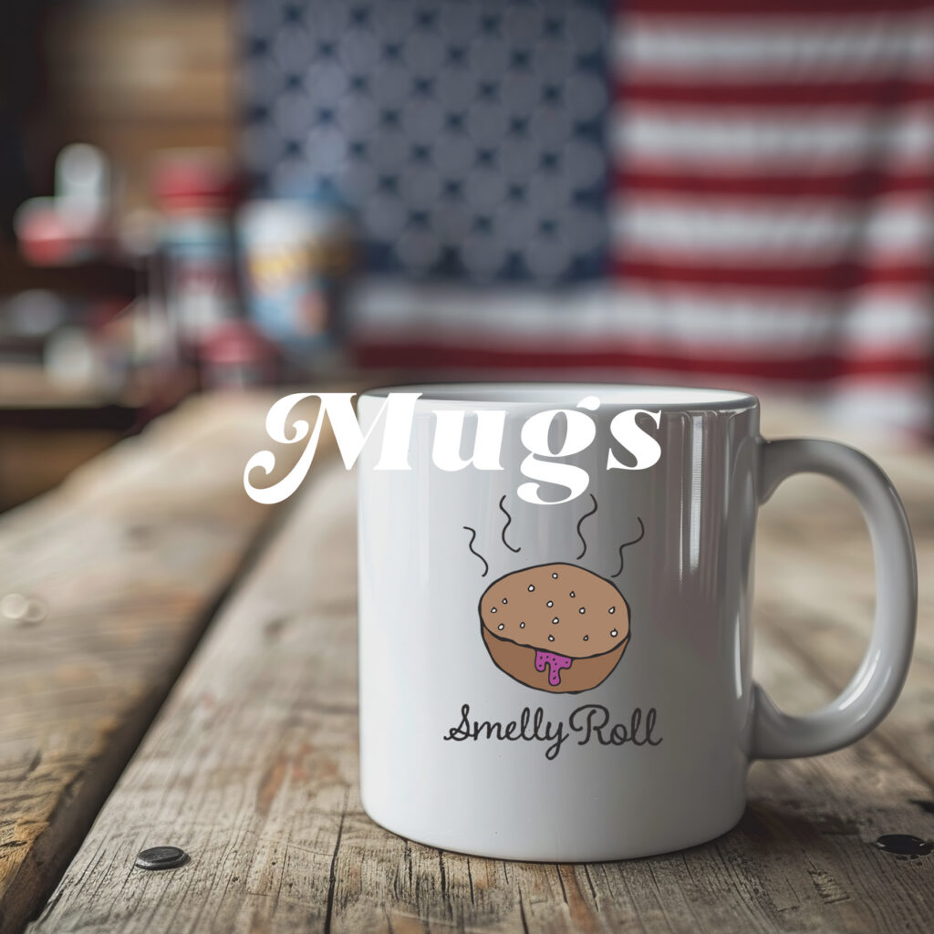 White Smelly Roll parody coffee mug on a rustic table with an American flag in the background