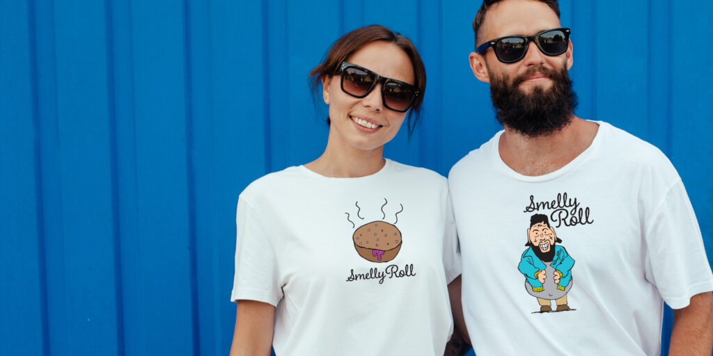 Couple wearing white Smelly Roll parody T-shirts with original graphic designs