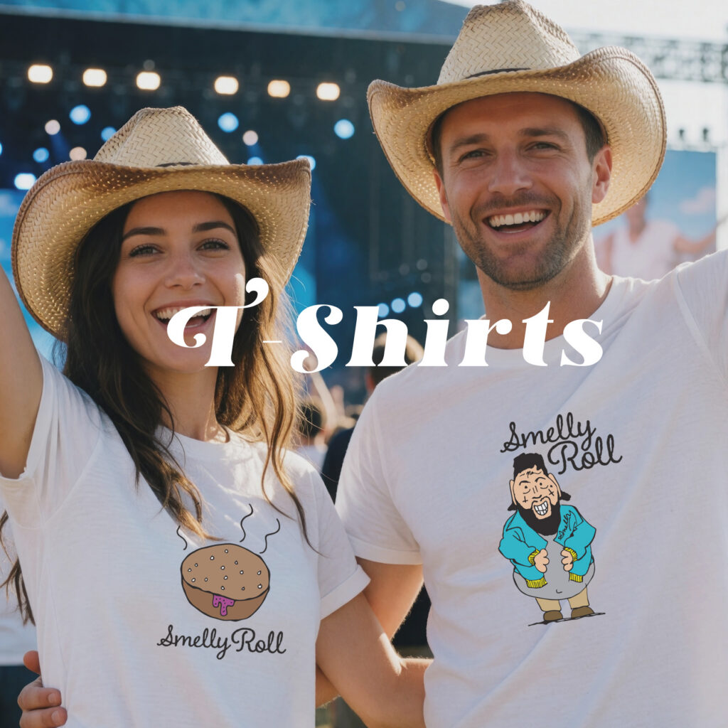 Couple wearing Smelly Roll parody T-shirts at an outdoor country music festival